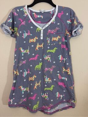 PJ Salvage Gray Colorful Dog Print Henley Nightgown Short Sleeve Sleep Lounge S